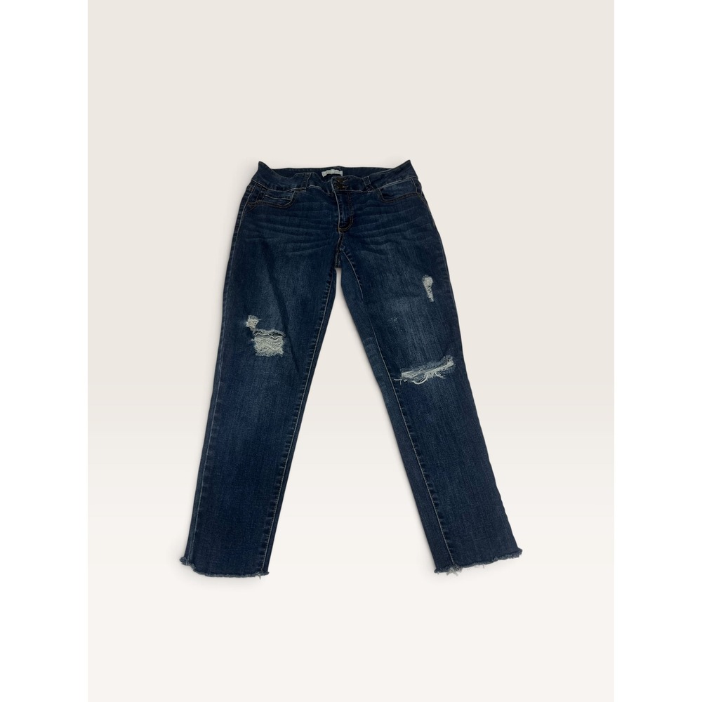 Copper Key Womens Size 11 Distressed Straight Leg Jeans Raw Hem Dark Wash